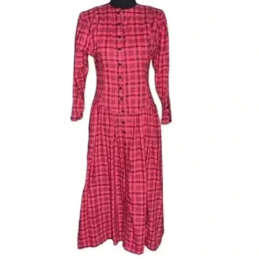 Vintage 70s Phool plaid Maxi Dress pink black drop waist pleated size Large